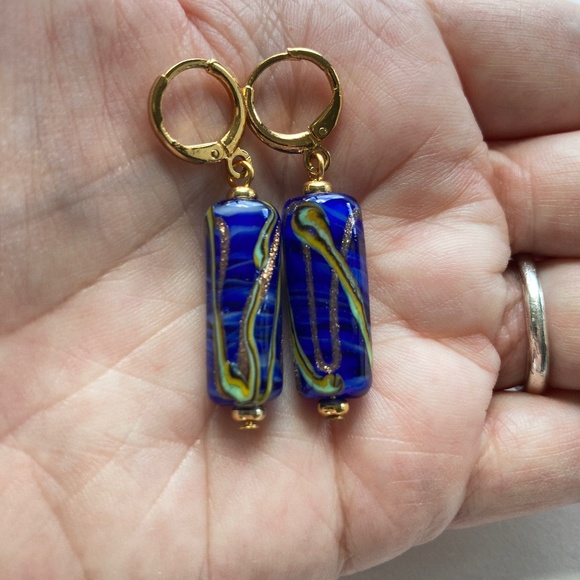 Blue Art Glass Earrings, Handmade, Mod Artisan Murano Glass Earrings - Picture 4 of 7